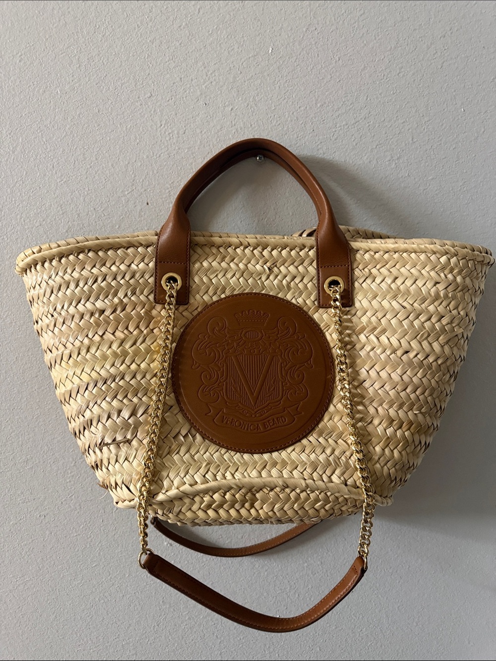 Veronica Beard Natural Straw Tote with Tan Leather & Gold Chain